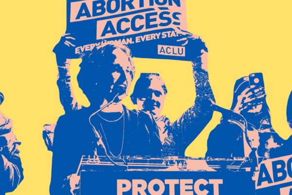 People standing on a yellow background with signs that are supportiver of abortion rights and acess.