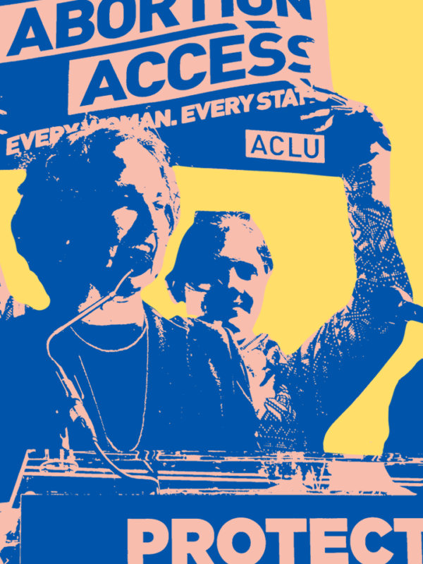 People standing on a yellow background with signs that are supportiver of abortion rights and acess.