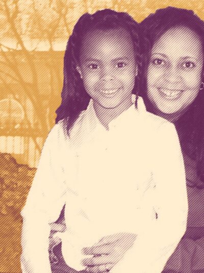 Mother and daughter reunited on yellow background