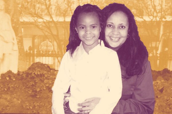 Mother and daughter reunited on yellow background