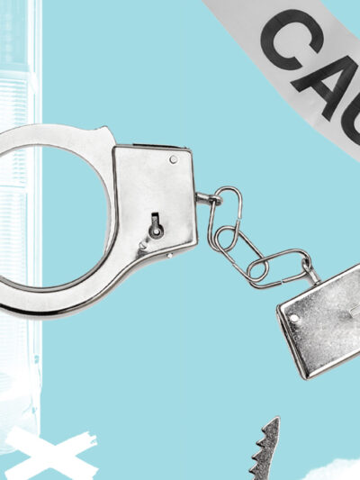 A collage of handcuffs and caution tape on blue background.