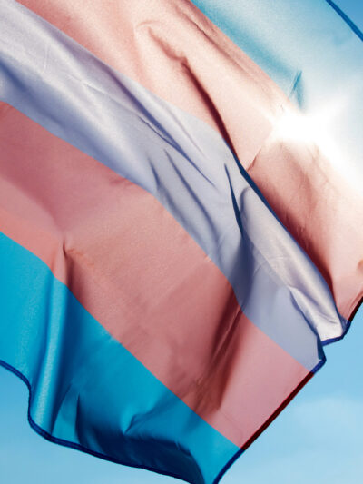 Trans pride flag on blue sky