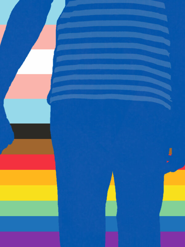 Two people holding hands with LGBTQ+ flag behind them