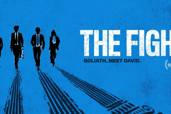 Poster for "The Fight," drawing depicting four ACLU lawyers alongside film title.