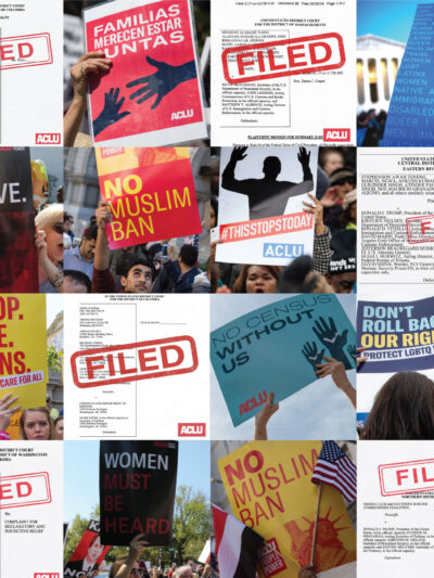 A collage of protest signs and legal filings.