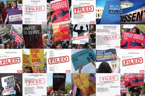 A collage of protest signs and legal filings.