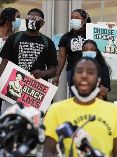 Parents, students, and teachers holding a press conference to call for a safe, fully funded, and racially just approach to reopening of Los Angeles schools.