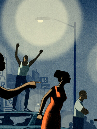 Scene from 100 Years of Racism in Policing video series of crowd confronting police officer.