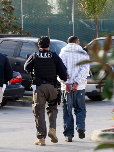 Two Immigration and Customs Enforcement (ICE) agents take a person into custody