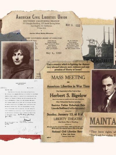 Collage of images from the founding decades of the ACLU including photos and newspaper headlines