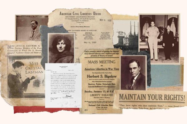 Collage of images from the founding decades of the ACLU including photos and newspaper headlines