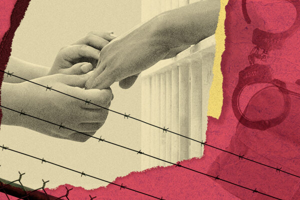Hands reaching out to one another, behind a barbed-wire fence, with handcuffs looming in the background.