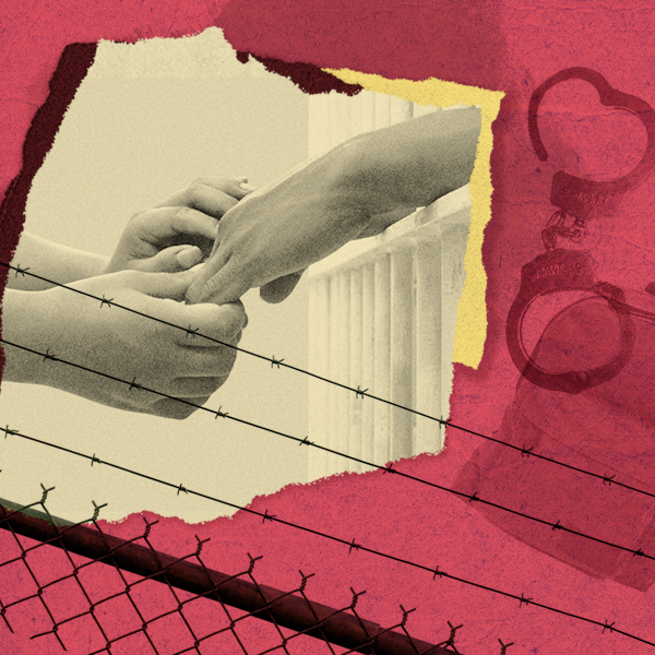 Hands reaching out to one another, behind a barbed-wire fence, with handcuffs looming in the background.