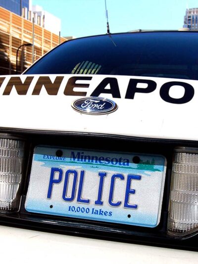 A Minneapolis, MN, police car rear license plate is shown that says "POLICE"