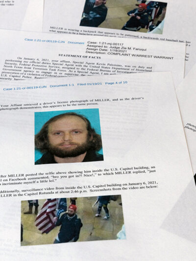 A statement of facts document with images of an insurrectionist at the riot in the Capitol Building.