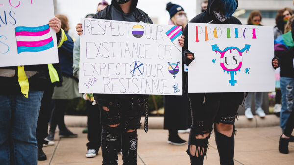 Demonstrators protesting anti-trans bills.