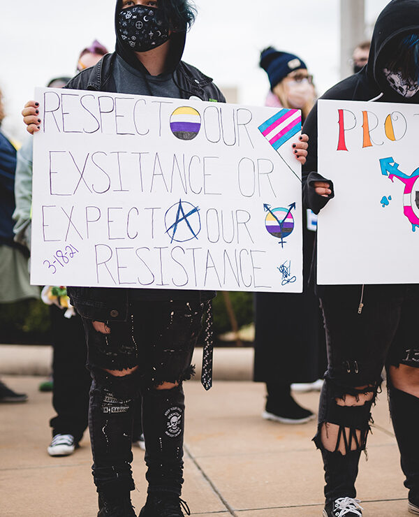 Demonstrators protesting anti-trans bills.