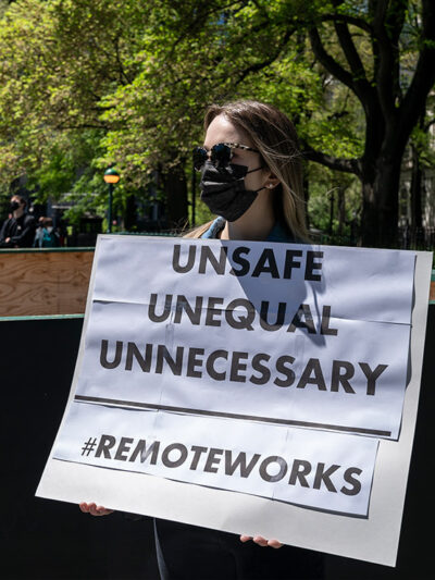 Municipal workers union gather on City Hall in New York for May Day protest against returning to offices.