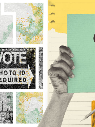 A collage banner that reflects voting rights imagery and a quiz question ard