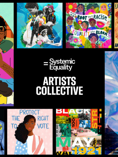 A banner containing the visual art pieces from the 10 emerging artists, with the words "Systemic Equality Artists Collective" in the center of the banner.