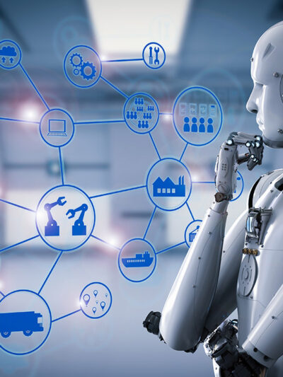 A 3D Robot staring at an industrial network chain link.