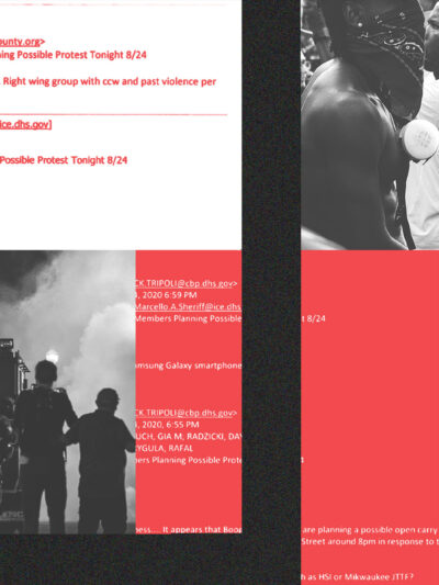 A collage of sheriff images at protests and text message evidence from the night of the 2020 Kenosha protests.