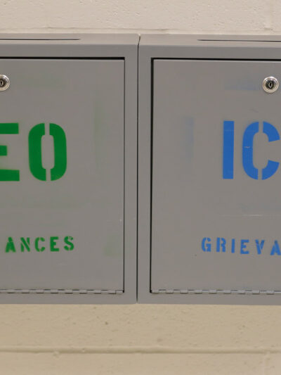 GEO and ICE grievance boxes at the U.S. Immigration and Customs Enforcement detention center.