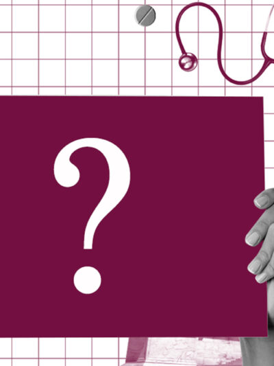 A purple collage of images, including the Supreme Court, a stethoscope, and two hands holding a sign with a question mark.