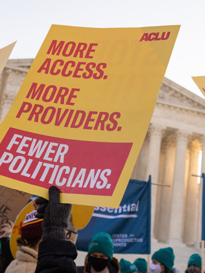 A protest sign reading “More Access. More Providers. Fewer Politicians.”