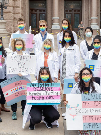 Medical professionals protest Texas legislation that would ban the gender-affirming medical care.