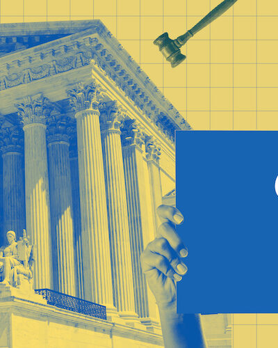 A collage that includes graphics of the Supreme Court, a gavel, and a blow horn.