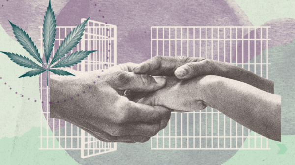 Marijuana leaf with holding hands