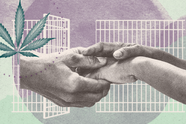 Marijuana leaf with holding hands