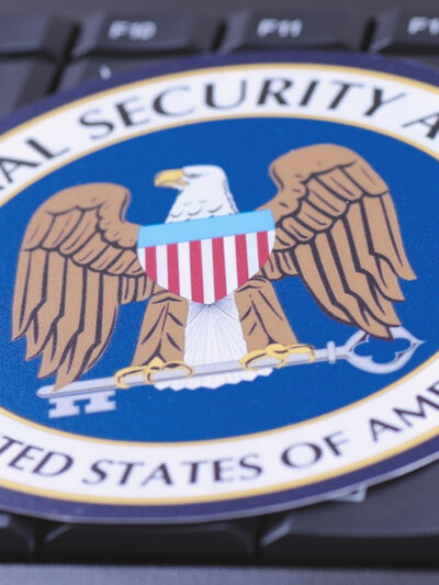 The National Security Agency seal on a keyboard.