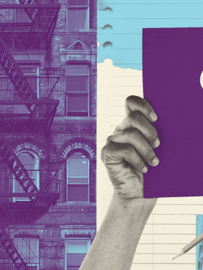 An areal view of a neighborhood of houses next to a graphic of someone holding a sign with a question mark on it.