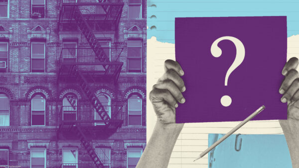 An areal view of a neighborhood of houses next to a graphic of someone holding a sign with a question mark on it.