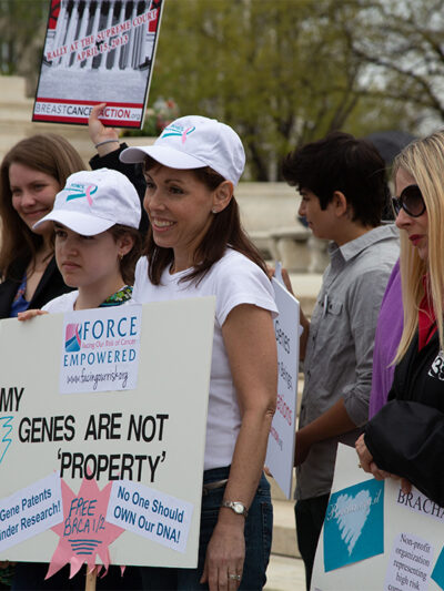 Activists set against gene patenting gather in front of the US Supreme Court prior to the Association for Molecular Pathology v. Myriad Genetics hearing.