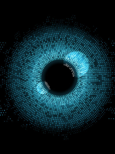 Digital eye composed of ones and zeros.