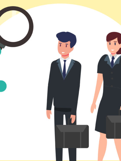 Illustration of robot examining potential employees with magnifying glass.