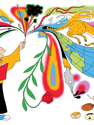 Right To Learn illustration featuring a a teacher with a piece of chalk that has vines, a globe, animals and numbers springing from it in front of children's faces.