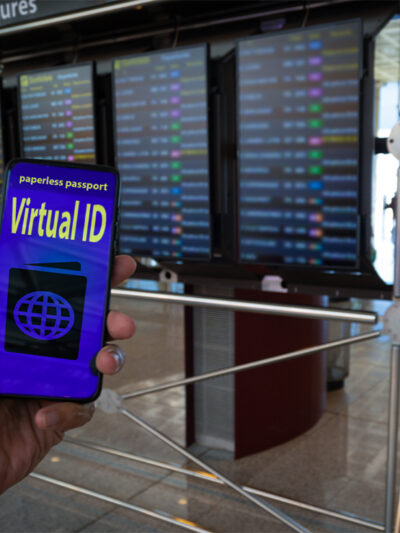 Hand holding a paperless passport virtual ID on smartphone screen with airport timetables as background.