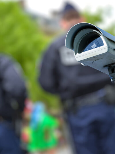 A security CCTV camera or surveillance system with police officers in the blurry background.