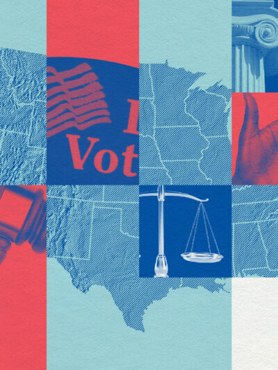 A graphic featuring a map of the United States and different voting and legislative motifs.
