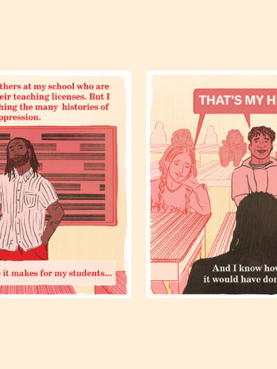 A preview of Eda Uzunlar's comic featuring teacher and activist Anothy Crawford.