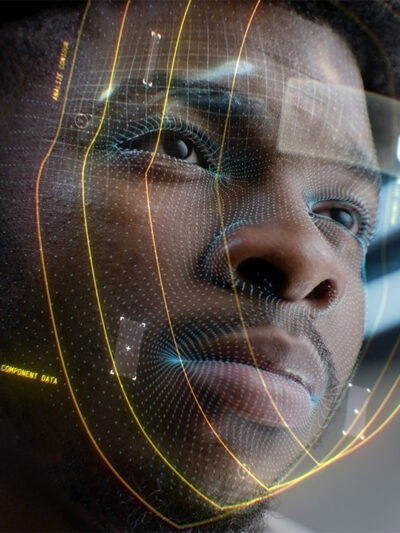 A closeup of a young African American man whose face is being scanned by facial recognition software.