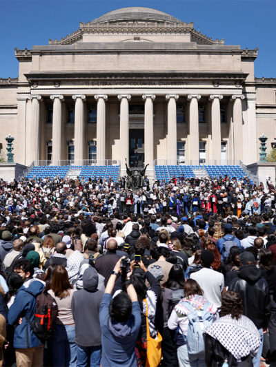 A faculty rally in favor of academic free speech is held in the main quad at Columbia University in New York.