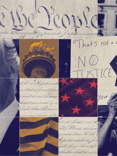 A graphic featuring Trump and imagery pertaining to the criminal legal system.