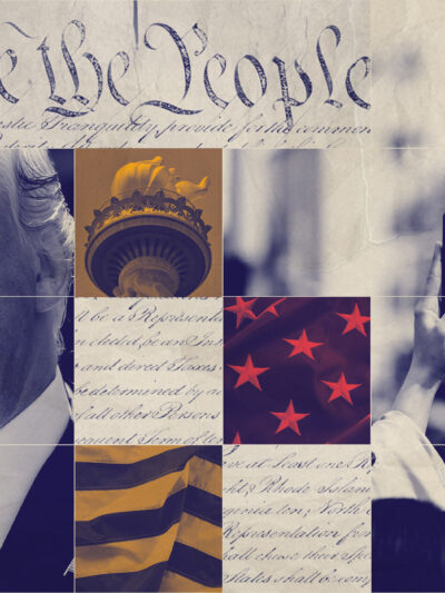 A graphic featuring Trump and imagery pertaining to surveillance and first amendment rights.