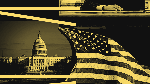 Layered yellow and black image with political figure, Capitol Hill, and American Flag