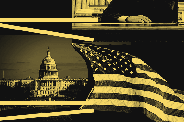 Layered yellow and black image with political figure, Capitol Hill, and American Flag